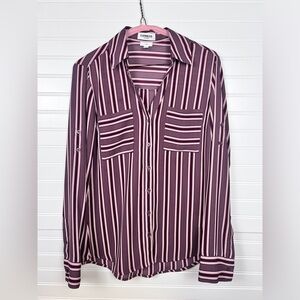 Express Women's Button Down Purple and White Striped Shirt